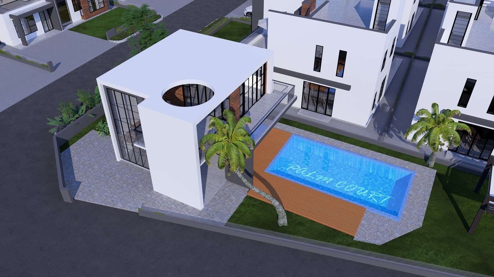 The Palm Courts Estates clubhouse and residents' swimming pool