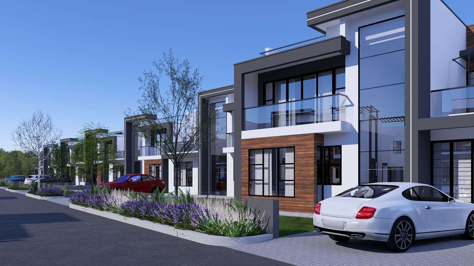 Street view of the Palm Courts Estates villas with landscaped verges